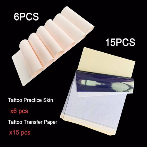 Tattoo Practice Skins with Transfer Paper, 6PCS Blank Tattoo Practice Skins &15PCS Tattoo Stencil Paper, 21PCS Soft Tattoo Fake Skin and Tattoo Tracing Paper Kit for Double Sided Tattoo Skin Practice