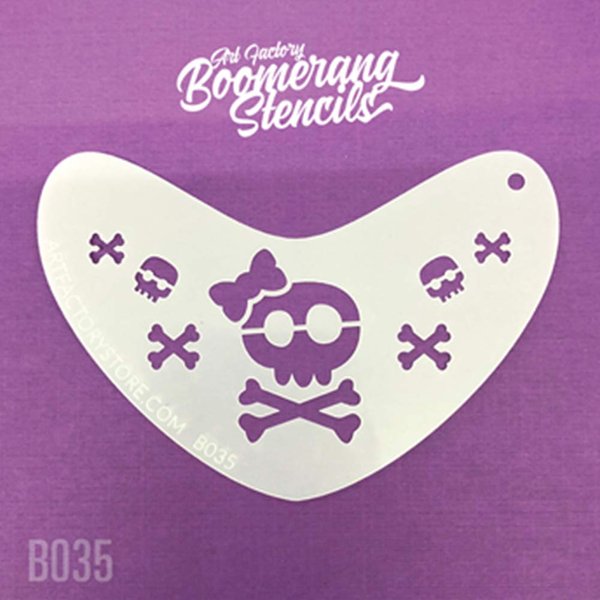 Art Factory Boomerang Stencil - Sugar Skull and Cross Bones, Reusable Face Painting Stencil, Great for Fairs, Carnivals, Party & Halloween