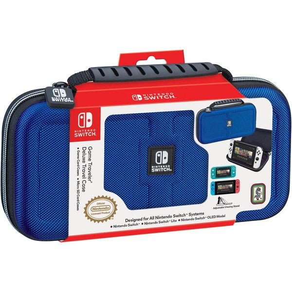 Game Traveler Nintendo Switch Deluxe OLED Case - Also for Switch & Switch Lite, Blue Ballistic Nylon, Viewing Stand & Bonus Game Cases, Deluxe Handle, Licensed by Nintendo, #1 Selling Case in USA