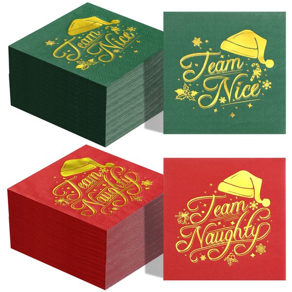 100 Pcs Christmas Napkins Team Naughty Nice Paper Napkin Disposable Nativity Gold Foil Santa Hat Napkin Red Green Guest Cocktail Napkin for Xmas New Year Holiday Party Decor (10 x 10 Inch)