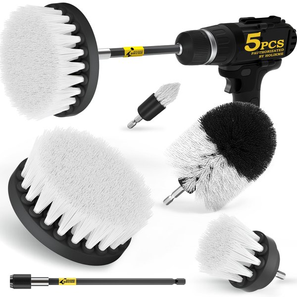 Holikme 5Pack Drill Brush Power Scrubber Cleaning Brush Extended Long Attachment Set All Purpose Drill Scrub Brushes Kit for Grout, Floor, Tub, Shower, Tile, Bathroom and Kitchen Surface White