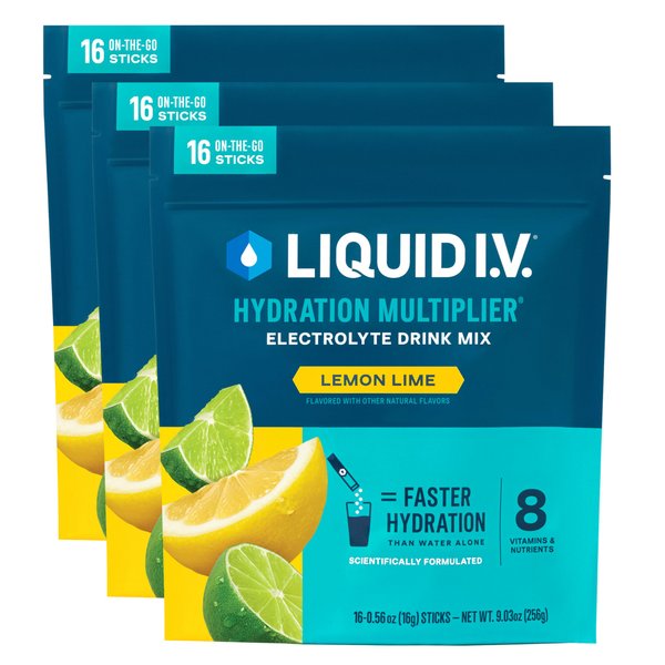 Liquid I.V.® Hydration Multiplier® - Lemon Lime - Hydration Powder Packets | Electrolyte Powder Drink Mix | Convenient Single-Serving Sticks | Non-GMO | 16 Servings (Pack of 3)