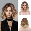 NOSTALGIA Short Ombre Blonde Wigs 14 Inch Wavy Curly Bob Wig Shoulder Length Middle Part Wigs Natural Looking Synthetic Blonde Hair Wigs for Women Daily Party Use