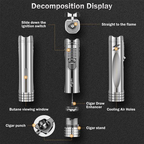 LAFULI Cigar Lighter, Cigar Punch, Cigar Draw Enhancer, Cigar Holder,All-in-one Refillable Butane Torch Lighter. Cigar Accessories(Gas Not Included)