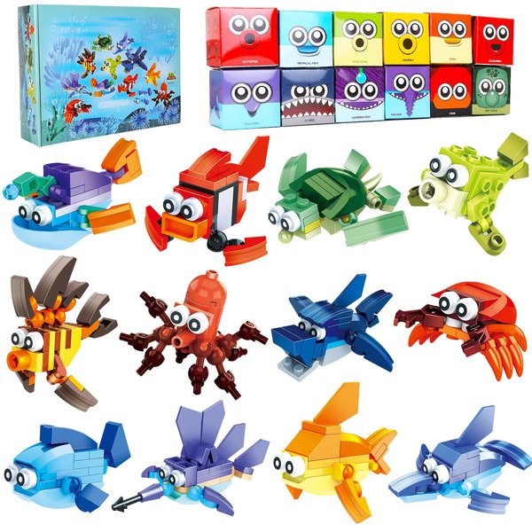 Party Favors for Kids Goodie Bags ,12PCS Mini Building Blocks Ocean Animal, Sea Creatures Building Blocks Set，Building Sets Stem Toys for Birthday Party Gift,Goodie Bags, Prize,Cake Topper