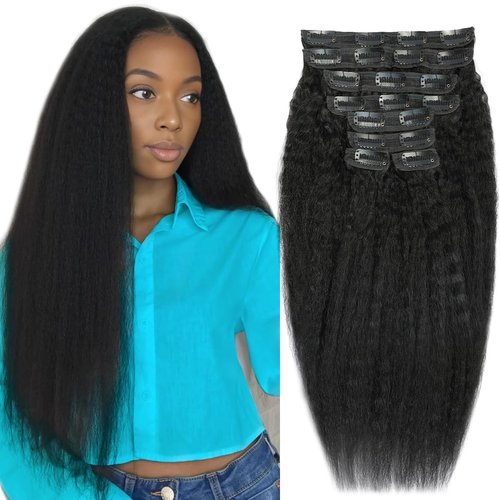 16 Inch Kinky Straight Clip in Hair Extensions Seamless Clip ins Hair Extensions Real Human Hair Yaki Straight Real Human Hair Clip in Extensions for Black Women Natural Black 8Pcs 100g 20 Clips