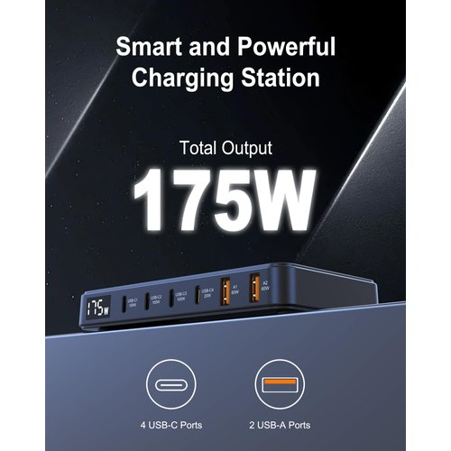 175W USB-C Charger, Ultra-Thin 6 Ports GaN Fast Charging Station, PPS PD 100W Laptop Charger Adapter, LCD Display, Compatible with MacBook Pro/Air, iPhone 15/14/13, Pixel, Galaxy, and More