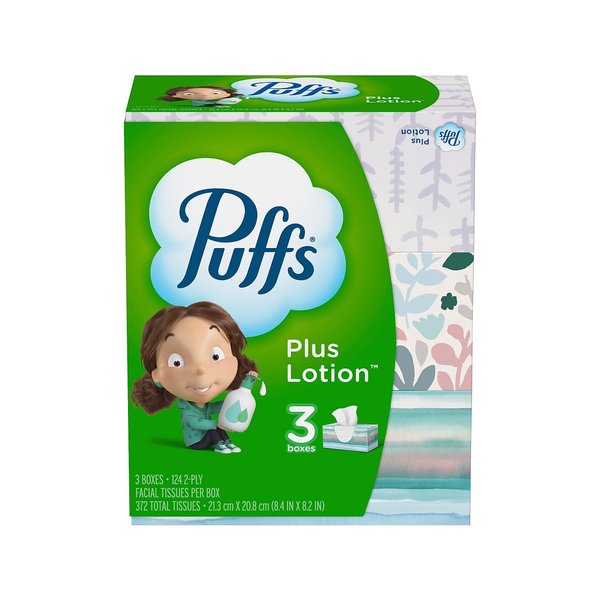 Puffs Plus Lotion Facial Tissue, 3 Family Boxes, 124 Tissues Per Box