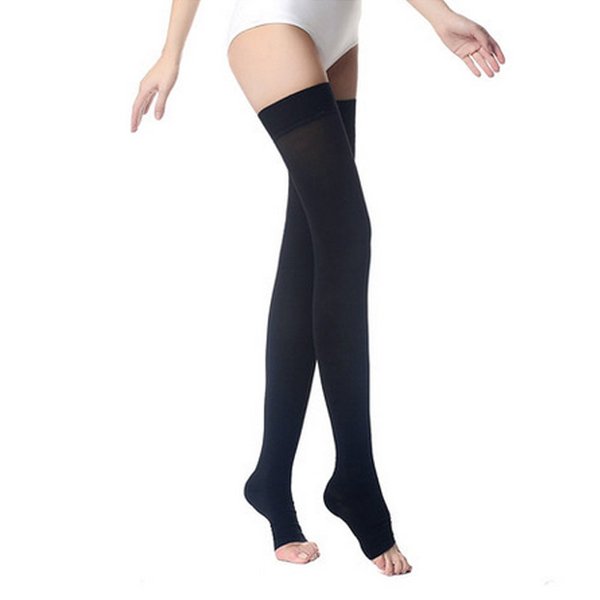 PPXGOGO Thigh High Compression Socks, Firm Support 20-30 mmHg Gradient Compression Stockings with Silicone Band. Treatment for Running, Edema, Varicose Veins, Pregnancy, Nursing.(Black-open,XXL)