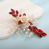 Xerling Red Rhinestones Crystal Flower Hair Barrettes Clip Boho Bridal Pearl Hair Jewelry Accessories for Women Wedding Floral Headpieces (Red)