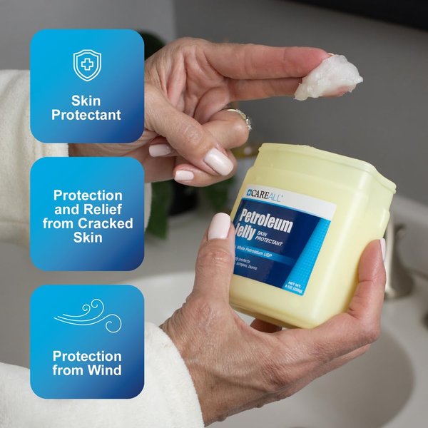 CareAll Petroleum Jelly 8 Oz Jar., Unscented, 100% Pure White Petrolatum Jelly USP, Protectant for Minor Cuts, Scrapes, Burns. Moisturizer for Dry Skin and Lips.