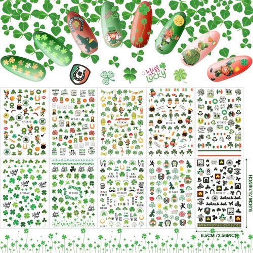 10 Sheets St. Patrick's Day Nail Art Stickers 3D Self-Adhesive Nail Decals and 12 Grids Shamrock Glitter Nail Sequins Holographic Nail Sequins for St. Patrick's Day Decoration