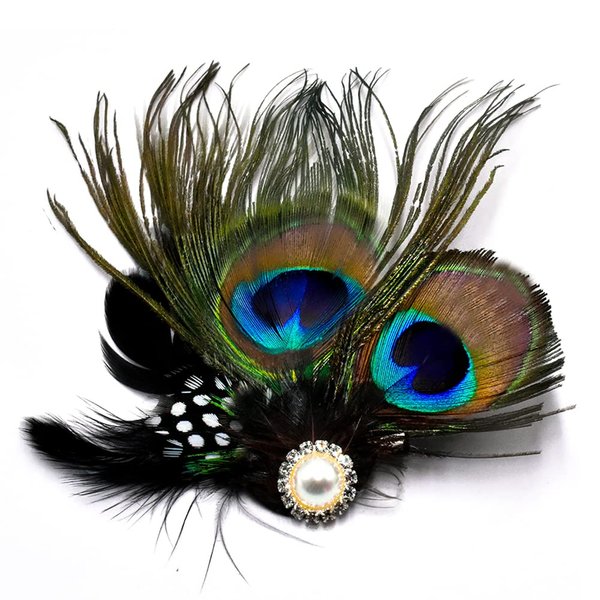 Beautiful Butterfly Peacock Feather Hair Clip Pins with Artificial Pearl Rhinestones Feather Hair Clip Pin Bridal Wedding Dance Party Hair Accessory(Pearl)