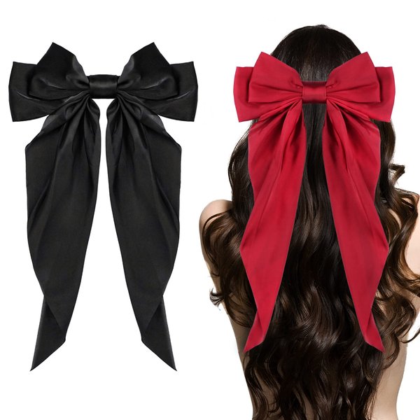 Ambesi Big Bow Hair Clips 2pcs, Long Tail French hair Bows for Women Girl, Satin Silky Bow Hair Barrette,Black Burgundy Red Bow Hair Accessories for Birthday/Party/Show/Christmas