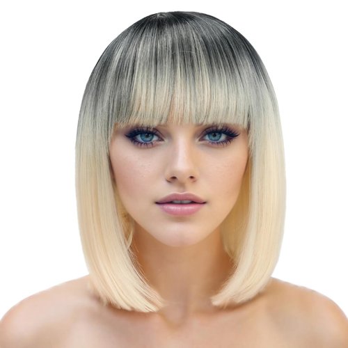 BESSY HAIR Blonde Bob Wig with Bangs, 1b613 Ombre Bob Wigs for women 12 Inch Straight Short Bob Wig Heat Resistant Soft Synthetic Wig Daily Party Cosplay Halloween Use