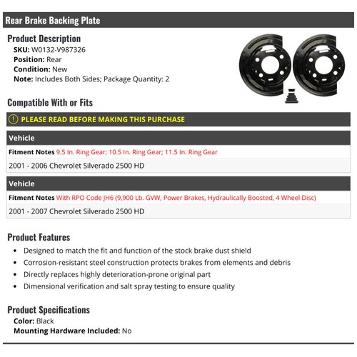 Rear Brake Backing Plate Set of 2 - Compatible with 2001-2007 Chevy Silverado 2500 HD
