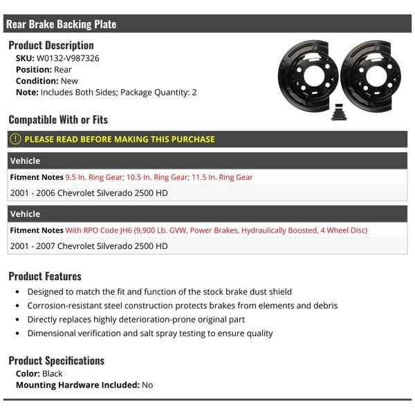 Rear Brake Backing Plate Set of 2 - Compatible with 2001-2007 Chevy Silverado 2500 HD