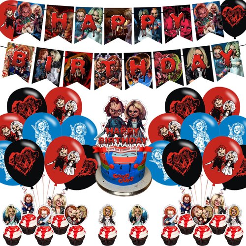 Bride of Chucky Party Decorations,Birthday Party Supplies For Horror Movie Character Chucky Party Supplies Includes Banner-Cake Topper-12 Cupcake Toppers - 18 Balloons