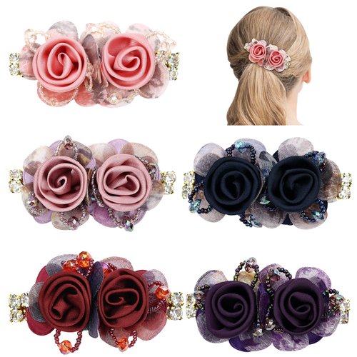 inSowni 5 Pack Glitter Sparkly Rhinestone Metal French Barrettes with Rose Flower Floral Alligator Snap Hair Clips Accessories for Women Girls