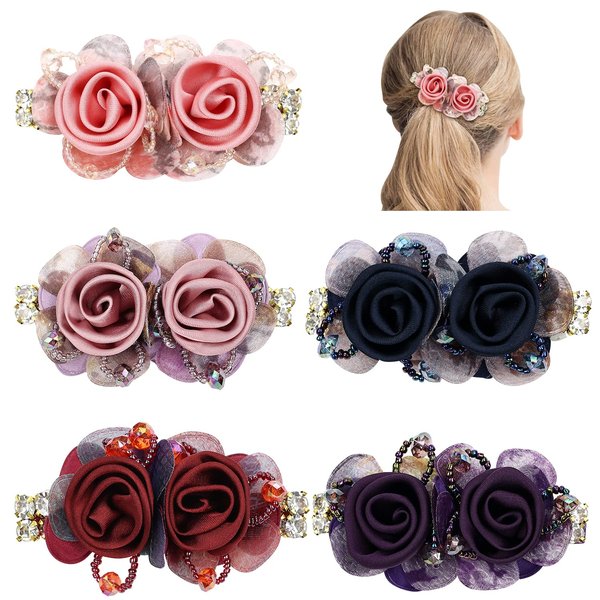inSowni 5 Pack Glitter Sparkly Rhinestone Metal French Barrettes with Rose Flower Floral Alligator Snap Hair Clips Accessories for Women Girls