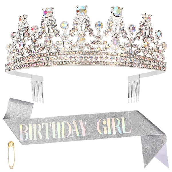 GINZU Silver Birthday Tiaras for Girls, Birthday Crown Sash Happy Birthday Girl Tiara Princess Birthday Party Decorations Gifts
