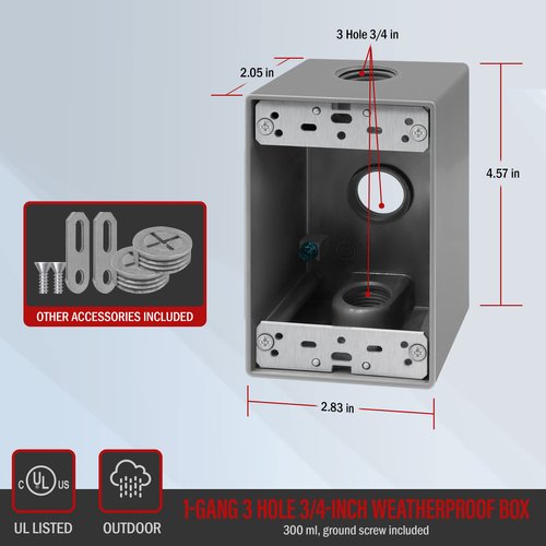 ENERLITES Weatherproof Outlet Box with Three 3/4-in Threaded Outlets, Outdoor Electrical Box, 3 Holes 0.75” Each, 1-Gang, 4.57” Height x 2.83” Length x 2.05” Depth, EN1375