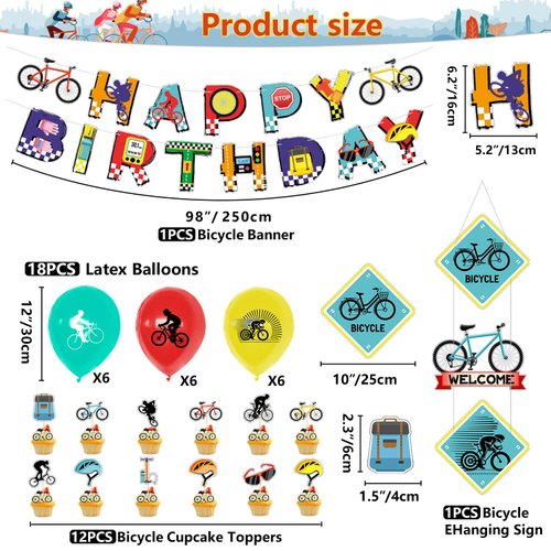 Bike Birthday Party Decorations, Including Banner, Cake Toppers, Balloons, Hanging Signs Bicycle Sports Theme Birthday Party Supplies for Kids and Bicycle Fans (A)