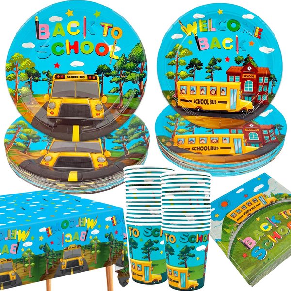 Back to School Decorations 121 Pieces School Bus Plates Napkins and Cups for First Day of School Party Supplies Welcome Back to School Theme Decorations