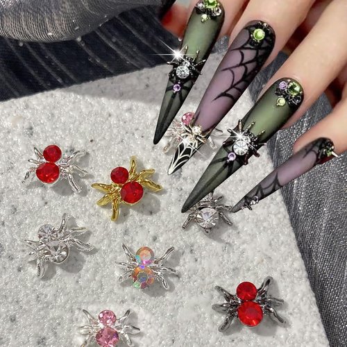 30Pcs Halloween Nail Charms 3D Spider Nail Charm Gold Silver Spider Nail Red Jewelry Gems Shiny Alloy Designs Goth Nail Charm Nail Set for Women Acrylic Nails Supplies DIY Horror Nail Art Decorations