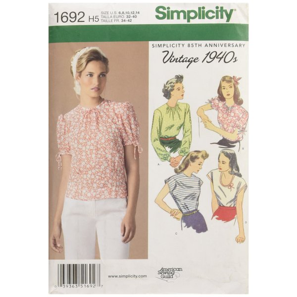 Simplicity Vintage 1940's American Sewing Guild Pattern 1692 Misses Vintage Style Tops Sizes 6-8-10-12-14