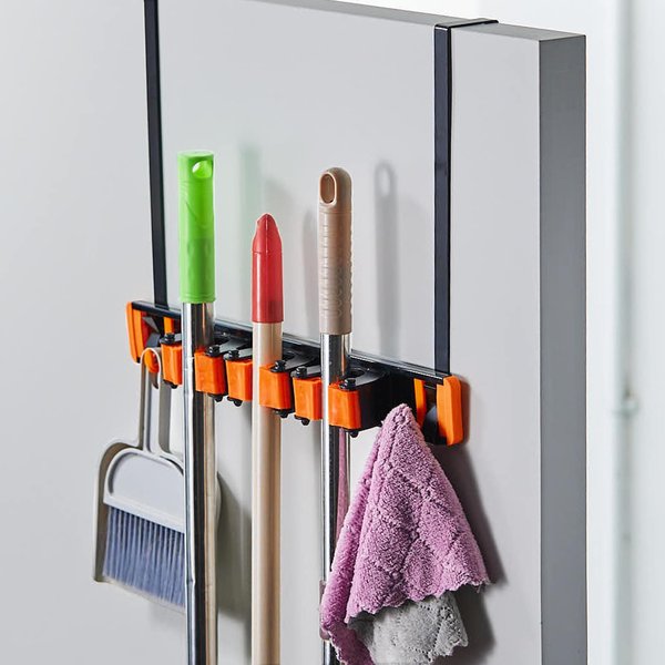 Unjumbly Broom Holder Wall Mount, Drilling Free Mop and Broom Holder with 2 Over Door Hooks, Tool Organizer for Laundry Room, Garage, Kitchen, Closet, Bathroom, Pantry - Orange