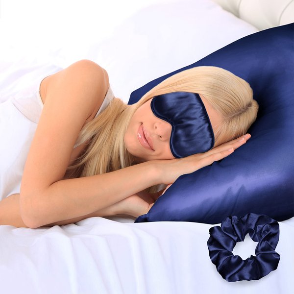 Ciana Luxurious Satin Pillowcase for Hair and Skin, Satin Pillowcase Set-2, 1 Eye Mask, 1 Scrunchie - Luxury Sleep Set, Pillow Cases with Envelope Closure (Queen Size, Navy)