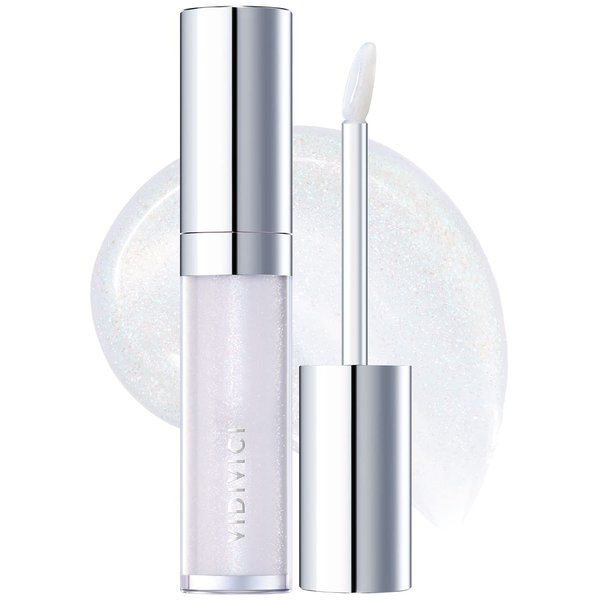 VIDIVICI Millennial Lip Oil #02 Illumination - Non-Sticky Dewy Gloss for Moisturized & Voluminous Lips - Illuminating Transparent Lavender-Blue Glitter Lip Makeup, 0.12 fl.oz.
