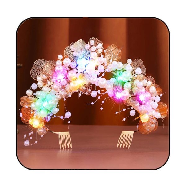 Gortin Flower Wedding Crown Gold Light up Headband Pearl Princess Headpiece Bridal Tiara Hair Accessories for Women and Girls