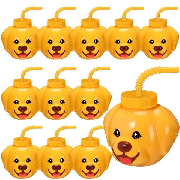 Sratte 12 Pack Boys Birthday Party Cups Plastic Kids Golden Retriever Shape Cups with Lids and Straws, 10 oz Cute Animal Cups Decorations Dog Print Puppy Party Supplies for Theme Party