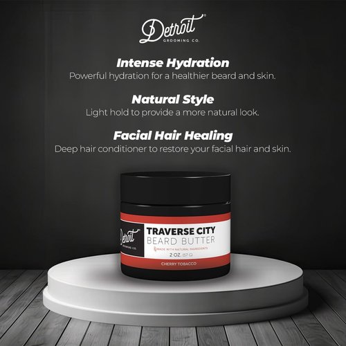 Detroit Grooming Co. Men's Beard Butter - Soften, Thicken, Hydrate, and Rejuvenate Your Beard with Safflower Oil and Shea Butter - Styling Essentials - Cherry Tobacco - Traverse City -2oz