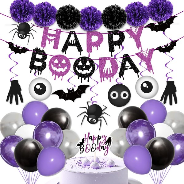 Halloween Birthday Party Decorations Balloon Banner Paper Pompom Cake Topper Hanging Swirl for Halloween Happy Boo Day Party Supplies