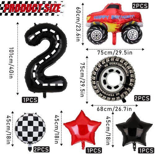 Truck Party Decorations, 9pcs Truck Birthday Number Foil Balloon for Truck 2nd Birthday Race Car Theme Party Supplies (2nd)