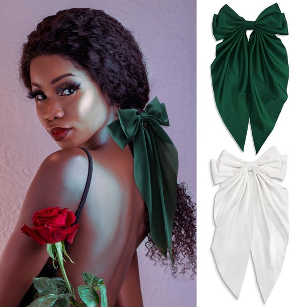 FULZTEY Hair Bows for Women Girls Big Satin Layered Bow Hair Clips Kawaii White Hair Ribbons Hairclips with Long Tail French Style Bowknot Barrettes Alligator Hair Accessories for Teen Kids 2pcs
