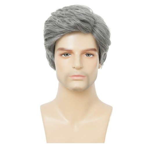 Kaneles Mens Grey Short Wigs Mix White Layered Natural Wig Synthetic Halloween Daily Hair Wig for Male Guy