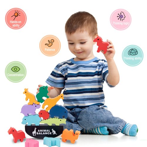 Wooden Blocks Stacking Toys for Kids, AULEGU Animal Balance Game for Toddler, Fine Motor Skill Toys for 3 4 5 6 7 Year Old, Farm Animal Shape