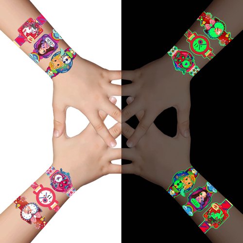 Cartoon Watch Luminous Temporary Tattoos For Kids, Mixed Styles Glow In The Dark Tattoos,Glow Tattoo Stickers for Boys and Girls,car Dinosaur Space robot Fake Tattoos Party Favor Supplies for Children