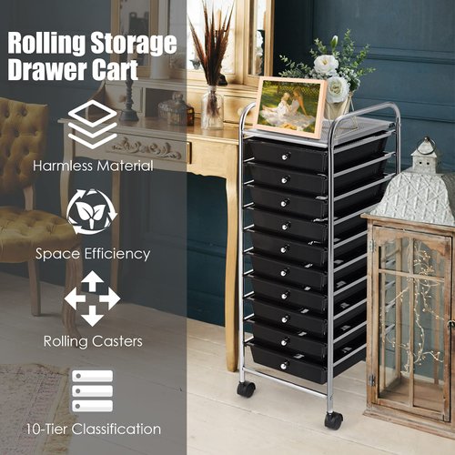 ReunionG 10-Drawer Rolling Storage Cart, Black, 15"D x 11.5"W x 2.5"H