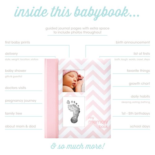 Pearhead Baby Memory Book, First 5 Years Baby Milestone Book, Pregnancy Journal, Newborn Baby Girl Keepsake, With Clean-Touch Ink Pad For Baby's Handprint or Footprint, Pink Chevron