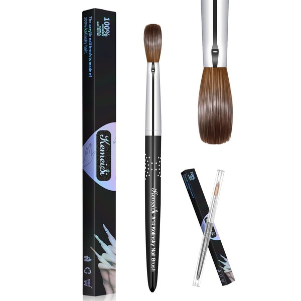 KEMEISI Acrylic Nail Brush Size #14, 100% Pure Kolinsky Nail Art Brushes for Acrylic Application, Sturdy Handle Oval Shaped Acrylic Powder Nail Design Tools for Professional Manicure DIY