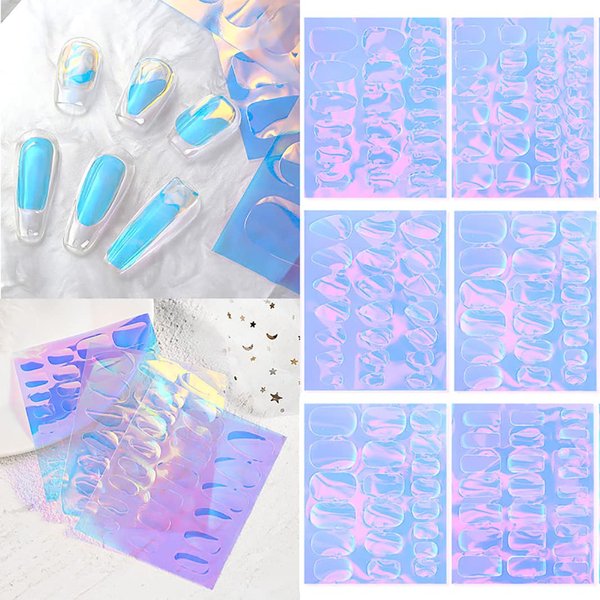 XEAOHESY 12 Sheets Aurora Nail Foil Sticker Ice Cellophane Nail Film Holographic Nail Art Stickers Laser Nail Decals for Women Girls Nail Art Decoration (6 Shapes)