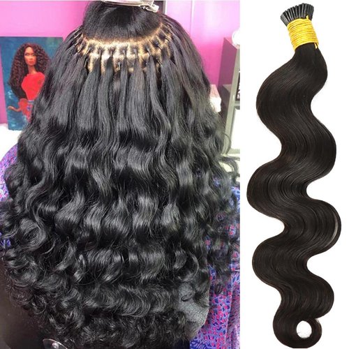 HAPPY&CC Body Wave I Tip Microlinks Human Hair Extensions for Women Natural Black Pre Bonded 1g/strand 100g Stick Tip Hair Extensions Human Hair Bundles Brazilian Virgin Bulk Hair(16inch)