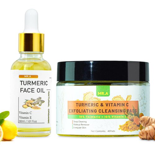 Turmeric Cleansing Pads for Face Turmeric Facial Oil, Turmeric Exfoliating Face Scrub Pads for Glow Up Acne Scars, Unclog Pores, Turmeric Face Oil for Dry Skin, Turmeric Face Serum
