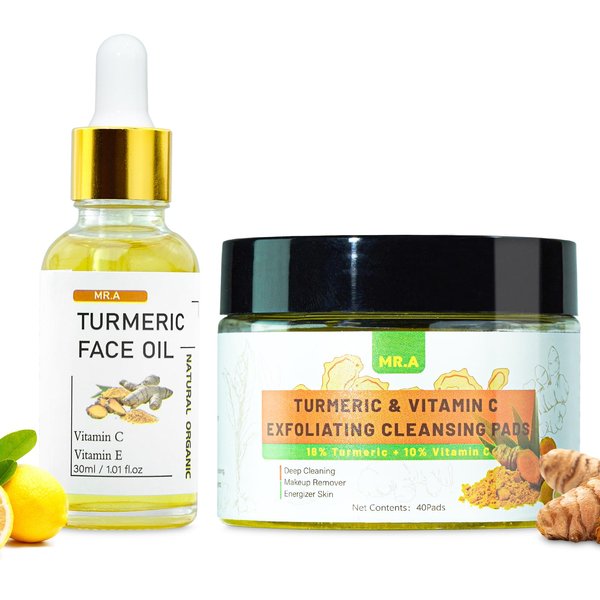 Turmeric Cleansing Pads for Face Turmeric Facial Oil, Turmeric Exfoliating Face Scrub Pads for Glow Up Acne Scars, Unclog Pores, Turmeric Face Oil for Dry Skin, Turmeric Face Serum