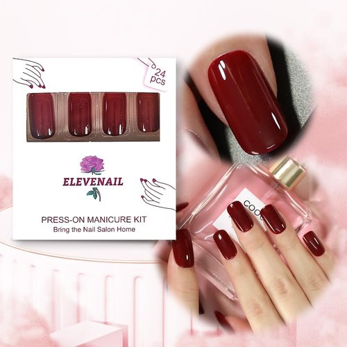 Elevenail Press on Nails Glossy Dark Wine Red False Nails Medium Length Square Fake Fingersnails Daily Manicure Salon DIY Faux Ongles Solid Red Nails Art Tips Gifts for Women Girls